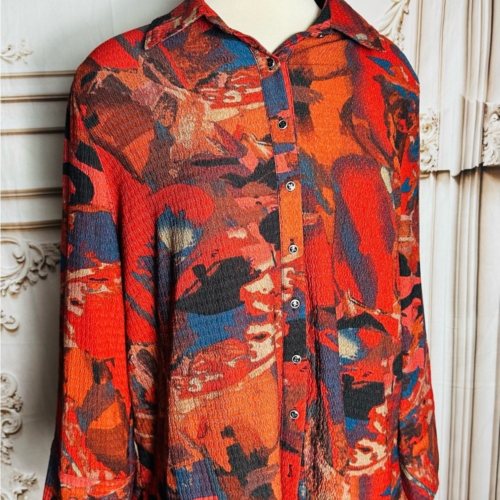 Women's Red Abstract Button-Down Shirt with Long Sleeves - Picture 7 of 9